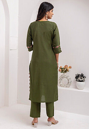Embroidered Viscose Silk Pakistani Suit in Olive Green