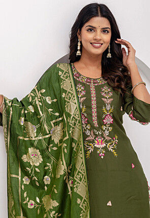 Embroidered Viscose Silk Pakistani Suit in Olive Green