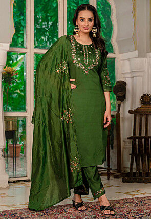 Embroidered Viscose Silk Pakistani Suit in Olive Green