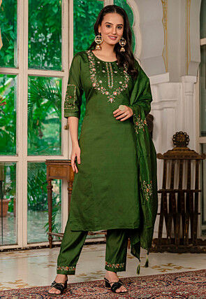 Embroidered Viscose Silk Pakistani Suit in Olive Green