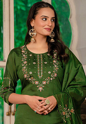 Embroidered Viscose Silk Pakistani Suit in Olive Green