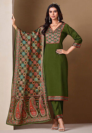 Embroidered Viscose Silk Pakistani Suit in Olive Green