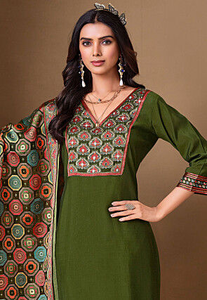 Embroidered Viscose Silk Pakistani Suit in Olive Green