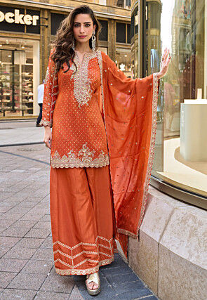 Embroidered Viscose Silk Jacquard Pakistani Suit in Orange