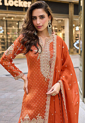 Embroidered Viscose Silk Jacquard Pakistani Suit in Orange