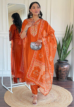 Embroidered Viscose Silk Pakistani Suit in Orange