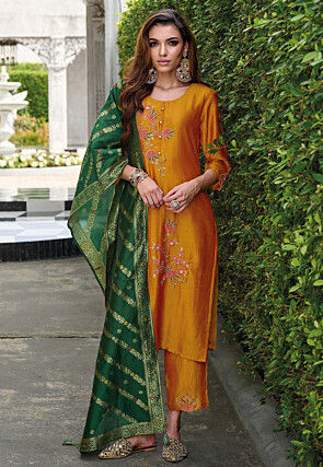 Embroidered Viscose Silk Pakistani Suit in Orange