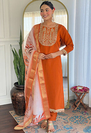 Embroidered Viscose Silk Pakistani Suit in Orange