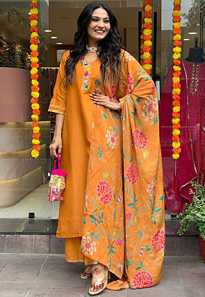 Embroidered Viscose Silk Pakistani Suit in Orange