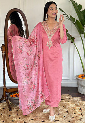 Embroidered Viscose Silk Jacquard Pakistani Suit in Pink