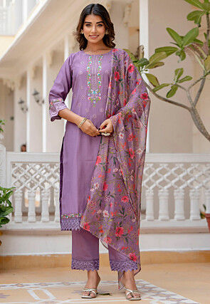Embroidered Viscose Silk Pakistani Suit in Purple