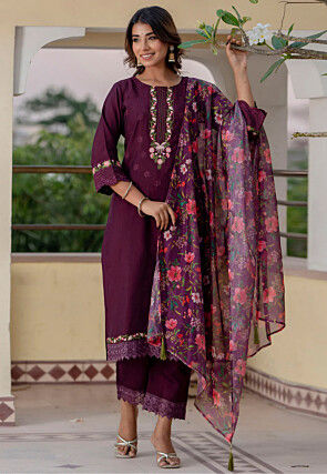 Embroidered Viscose Silk Pakistani Suit in Purple