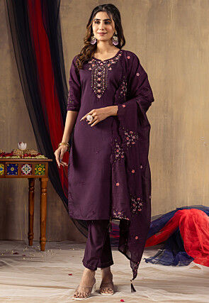 Embroidered Viscose Silk Pakistani Suit in Purple