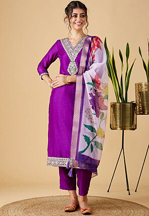 Embroidered Viscose Silk Pakistani Suit in Purple
