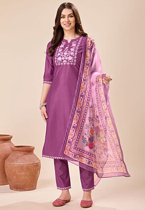 Embroidered Viscose Silk Pakistani Suit in Purple