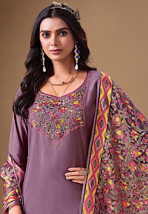 Embroidered Viscose Silk Pakistani Suit in Purple