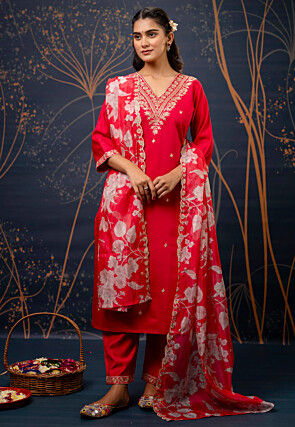 Embroidered Viscose Silk Pakistani Suit in Red