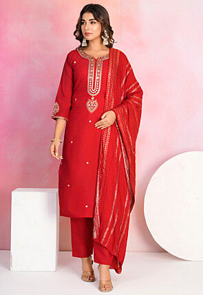 Embroidered Viscose Silk Pakistani Suit in Red
