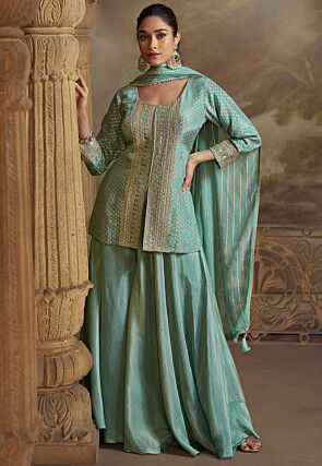 Embroidered Viscose Silk Jacquard Pakistani Suit in Sea Green