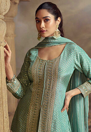 Embroidered Viscose Silk Jacquard Pakistani Suit in Sea Green
