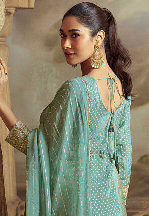 Embroidered Viscose Silk Jacquard Pakistani Suit in Sea Green