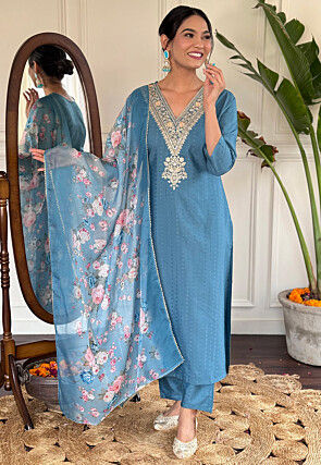 Embroidered Viscose Silk Jacquard Pakistani Suit in Sky Blue
