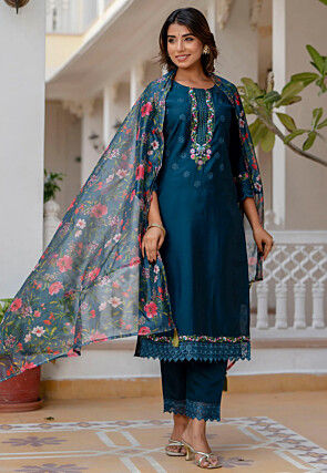 Embroidered Viscose Silk Pakistani Suit in Teal Blue
