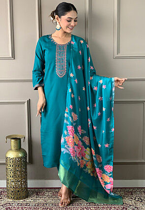 Viscose Teal Green Pakistani Style Embroidered Designer Suit