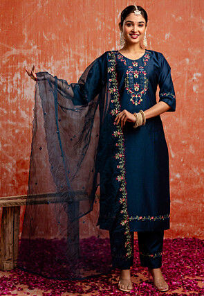 Embroidered Viscose Silk Pakistani Suit in Teal Blue