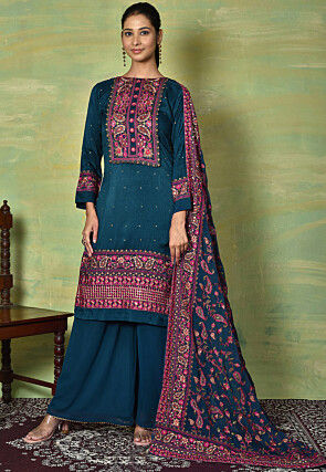 Embroidered Viscose Silk Pakistani Suit in Teal Blue