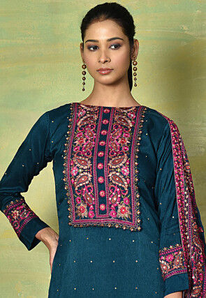 Embroidered Viscose Silk Pakistani Suit in Teal Blue