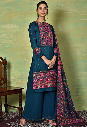 Embroidered Viscose Silk Pakistani Suit in Teal Blue
