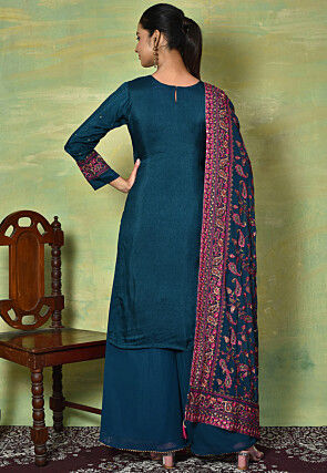 Embroidered Viscose Silk Pakistani Suit in Teal Blue