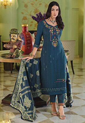 Embroidered Viscose Silk Pakistani Suit in Teal Blue