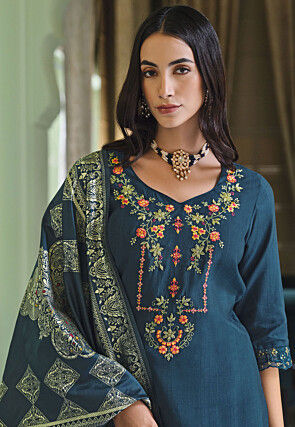 Embroidered Viscose Silk Pakistani Suit in Teal Blue