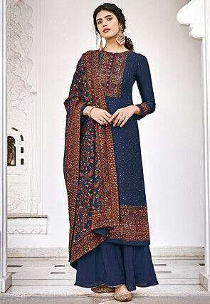 Embroidered Viscose Silk Pakistani Suit in Teal Blue
