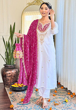 Embroidered Viscose Silk Pakistani Suit in White
