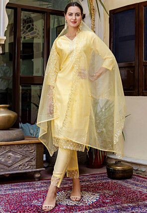 Embroidered Viscose Silk Pakistani Suit in Yellow