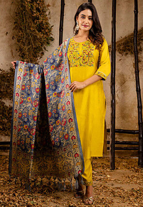 Embroidered Viscose Silk Pakistani Suit in Yellow