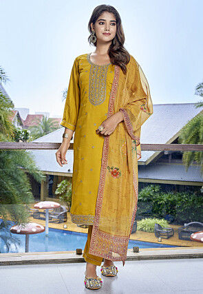 Embroidered Viscose Silk Pakistani Suit in Yellow
