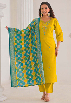Embroidered Viscose Silk Pakistani Suit in Yellow