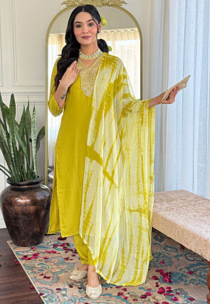 Embroidered Viscose Silk Pakistani Suit in Yellow
