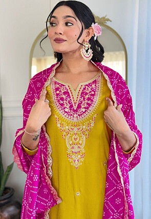 Embroidered Viscose Silk Pakistani Suit in Yellow
