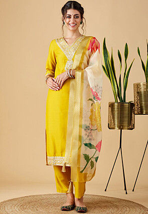 Embroidered Viscose Silk Pakistani Suit in Yellow