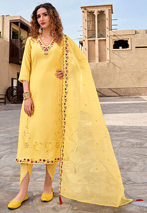 Embroidered Viscose Silk Pakistani Suit in Yellow