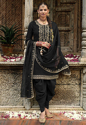 Embroidered Viscose Silk Punjabi Suit in Black