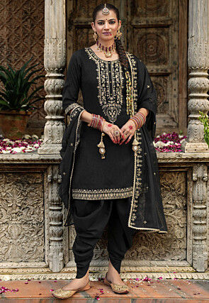 Embroidered Viscose Silk Punjabi Suit in Black