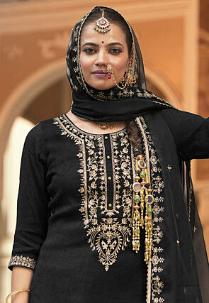 Embroidered Viscose Silk Punjabi Suit in Black