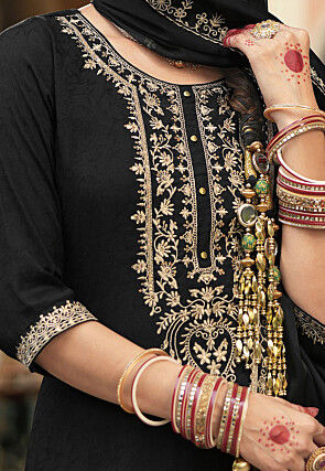 Embroidered Viscose Silk Punjabi Suit in Black