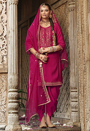 Embroidered Viscose Silk Punjabi Suit in Fuchsia